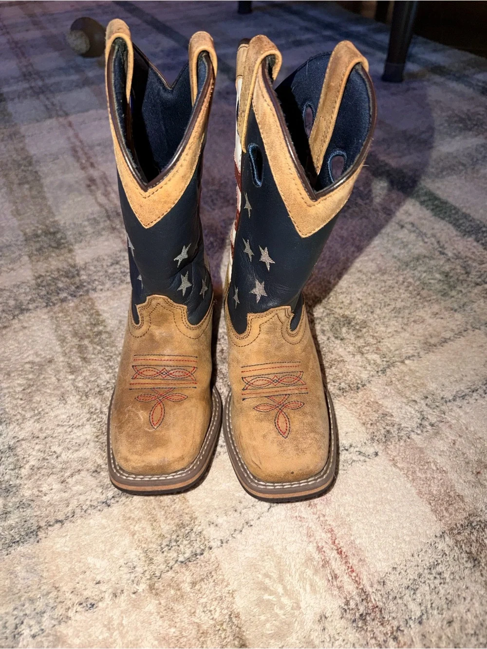 Kids Cowboy Boots with Star & Stripe Accent - Brown/Tan, Navy & Red
